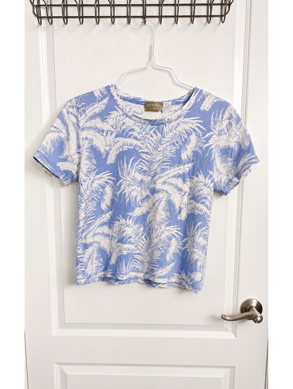 Liz Claiborne Lizwear Tropical Leaf T-Shirt Blue White Cotton Women L